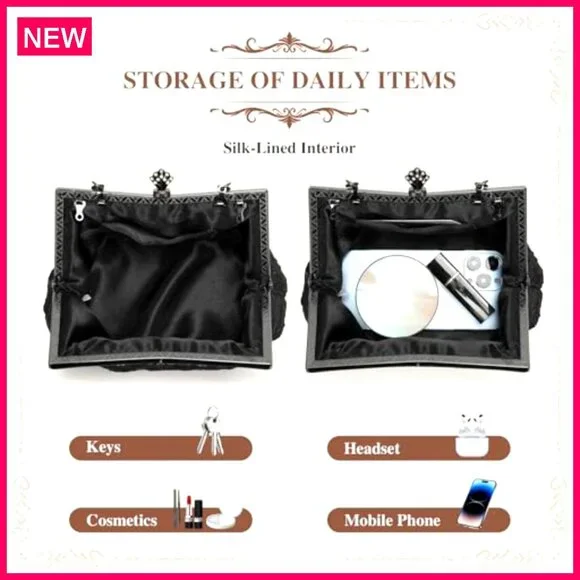 Vintage Lace Floral Clutch Evening Bag with Detachable Chain - Picture 5 of 8